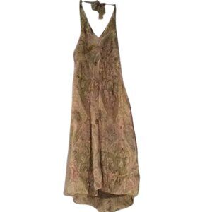 Silk Paisley Green Pink Dress Midi Halter Sundress Sheer Layered Drawstring Hem
